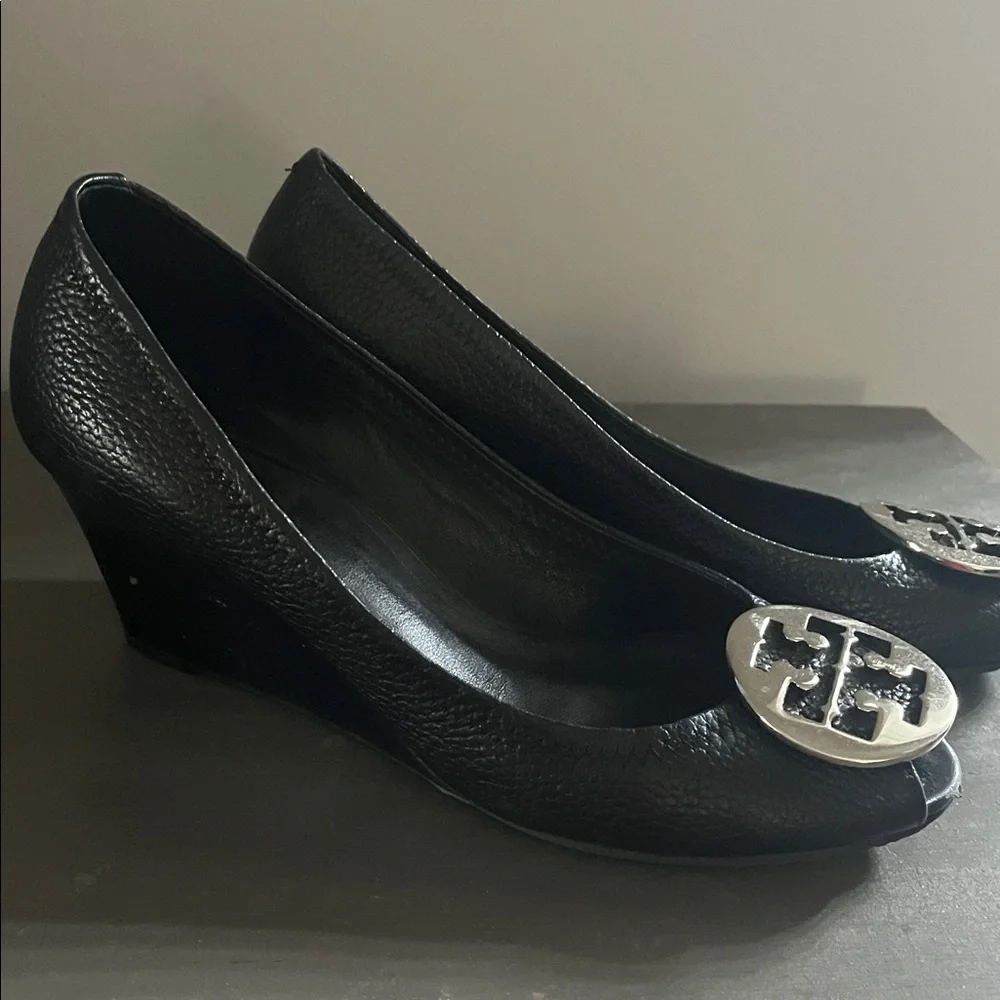 Tory Burch Black Peep-Toe wedge with Silver Accent 8